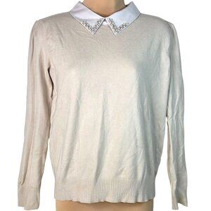 Sirenlily Petites Beige Knit Sweater W/ Pearl & Rhinestone Embellished White Col